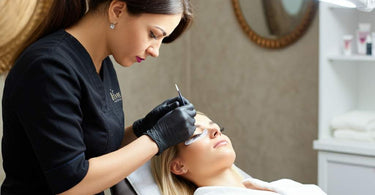 Blonde woman receiving eyelash tinting treatment at a spa