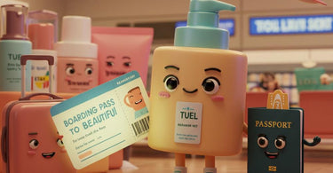 Tuel Skincare Travel Kits featuring mini cleansers, serums, and moisturizers in a luxury travel pouch