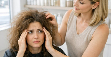 A frustrated woman looking at her reflection in a salon mirror, with a compassionate stylist standing behind her, ready to help.