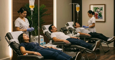 Spa professional administering IV therapy to a relaxed client