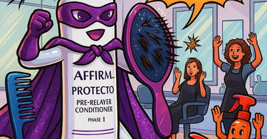 Affirm Protecto Pre-Relaxer Conditioner bottle with hair care tools on salon counter