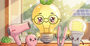 Eco-friendly salon with energy-efficient lighting and equipment, featuring LED lamps, towel warmers, and sustainable tools