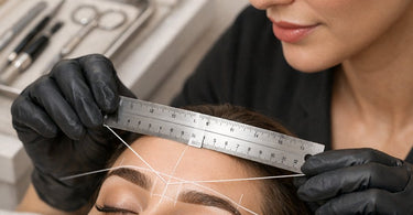 Close-up of a professional brow mapping technique using a ruler and thread to measure symmetry on a client's face before shaping