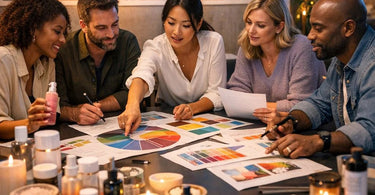 Spa owner planning a seasonal budget calendar with product samples from Pure Spa Direct on a desk