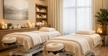 Elegant couples massage room with two professional massage tables, soft lighting, and a serene atmosphere, perfect for spa operators.