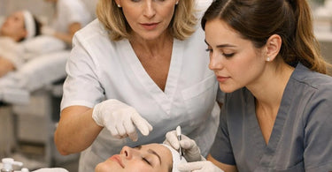 A senior esthetician mentor demonstrating a facial technique to a focused junior esthetician in a modern, well-equipped spa treatment room.
