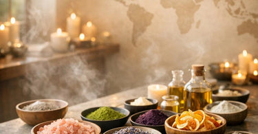 A curated selection of global spa ingredients and tools arranged on a map, including clay, salts, oils, and brushes, representing the concept of a Treatments of the World menu.