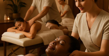 A spa professional warmly greeting a smiling client in a serene, beautifully appointed salon treatment room