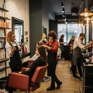 A bustling salon with stylists working and happy clients