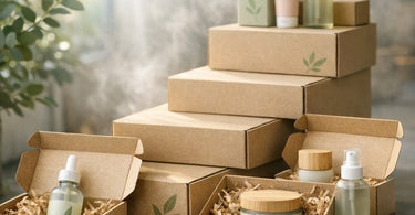 A sustainable shipping concept showing a cardboard box with a green leaf icon, surrounded by eco-friendly packing materials like kraft paper and a recyclable symbol