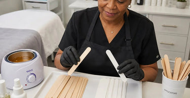 Comparison of coated versus uncoated wooden waxing spatulas for professional hard wax and soft wax application in a salon or spa setting.