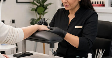 A professional nail technician adjusts the height of an armrest for a client during a manicure service at a well-equipped salon.