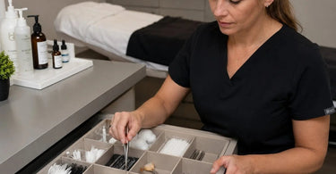 A well-organized salon drawer with acrylic dividers, neatly storing various beauty tools and supplies.