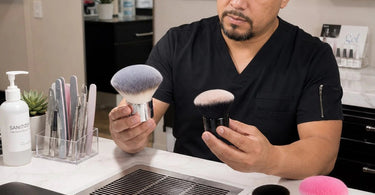 A collection of professional nail dust brushes for nail tables, featuring different handle styles and bristle types to choose from for a flawless finish.
