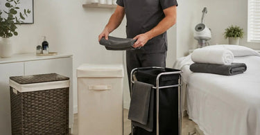 Choosing the Right Hamper Style for Small Treatment Rooms. A stylish and functional hamper blends with spa decor, providing a tidy storage solution for towels and linens.