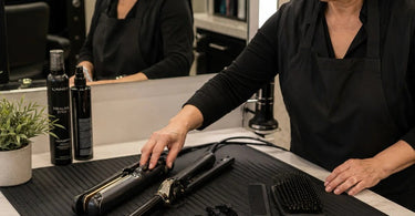 A professional heat mat for styling stations protecting a salon countertop from hot styling tools