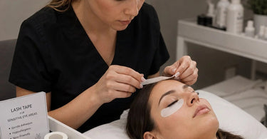 A detailed close-up of a professional lash artist carefully applying a gentle, hypoallergenic lash tape to a client's sensitive under-eye area before an eyelash extension service, showcasing products from Pure Spa Direct.