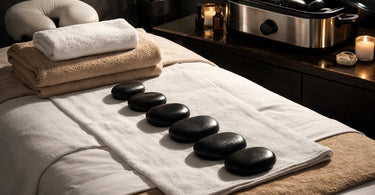 A serene hot stone massage setup featuring neatly folded bamboo sheets, smooth basalt stones, and soft towels arranged on a massage table.
