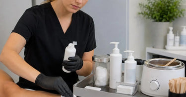 Bottles of pre-wax powder on a salon counter, illustrating the importance of choosing the right product for different waxing services.