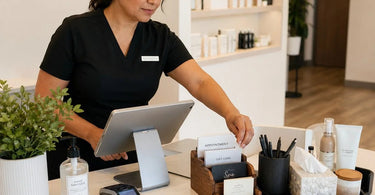 A beautifully organized and stylish spa reception counter with retail products, appointment cards, a POS tablet, and elegant storage solutions.