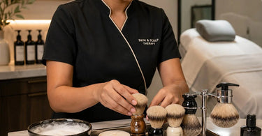 A barber using a shaving brush to apply lather to a client's face during a professional shave service.