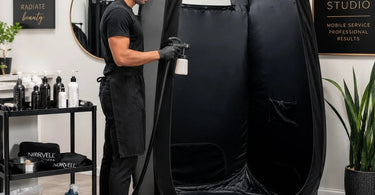Mobile spray tan tent in a professional setting by Norvell, highlighting the choice of tent size for professional services.