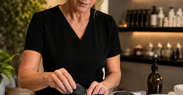 Different sizes of basalt hot massage stones arranged for use on hands, feet, back, and neck