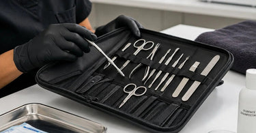 A neatly organized storage case for professional nail implements, showcasing how to keep cuticle nippers, files, and other tools clean and secure for salon use.