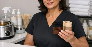 A professional stylist holding a high quality hair tie with visible tensile strength, surrounded by salon tools and hair accessories.