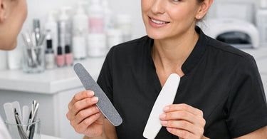Professional nail files for natural nails and acrylic nails side by side on a salon table from Pure Spa Direct