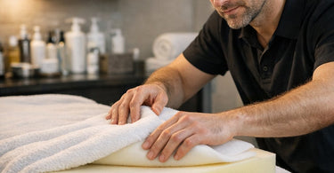 Layers of different massage table foam types being compared for density and comfort on a spa table