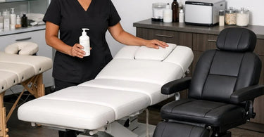 Professional massage table setup in a serene spa treatment room with bolsters and linens