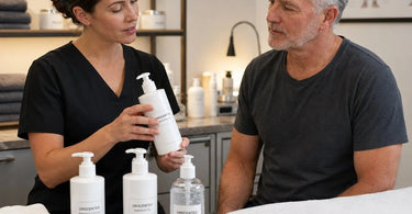 A professional massage therapist applying unscented massage cream to a client's leg during a relaxing spa treatment, showcasing the importance of fragrance-free products for mixed clientele.