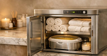 A modern stainless steel warming cabinet for spa towels and paraffin wax, sitting elegantly in a professional salon treatment room.