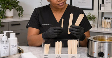A collection of professional wax applicators in various sizes, including petite spatulas for brows and large spatulas for body waxing, arranged on a clean white surface.