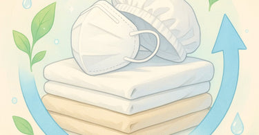 Sustainable spa linens and PPE organized in circular economy concept showing laundering and recycling process