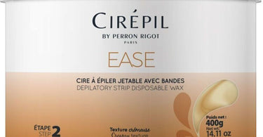 Cir&eacute;pil Ease Wax Strip Wax 14 oz tin displayed with a spatula and waxing strips on a pink surface, showcasing the product for professional salon use.