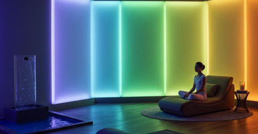 A serene spa room with soft blue and green tones, showcasing the calming effects of color therapy in wellness spaces.