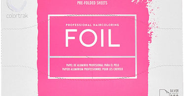 Colortrak Pop-Up Foil Silver 200 Count box displayed on a clean salon counter, ready for professional highlighting and coloring services.