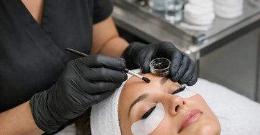 Esthetician carefully applying lash tint to a client with professional tools and supplies