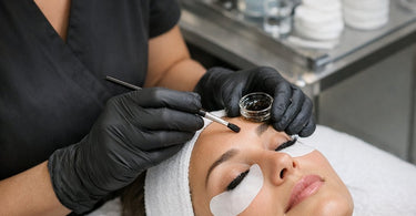 Esthetician carefully applying lash tint to a client with professional tools and supplies