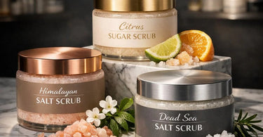 Three luxurious jars of professional salt and sugar scrubs for spa body treatments, with natural ingredients like salts, sugars, and oils visible.
