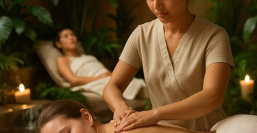 Wellness professional practicing self-care and stress management techniques in spa environment