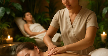 Wellness professional practicing self-care and stress management techniques in spa environment