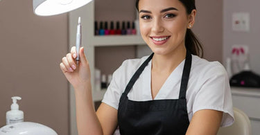 Close-up of professional nail technician using electric nail drill with various drill bits on display