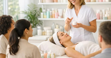 A diverse group of spa and salon professionals smiling and engaging in a hands-on training workshop, focusing on skill development and continuing education.