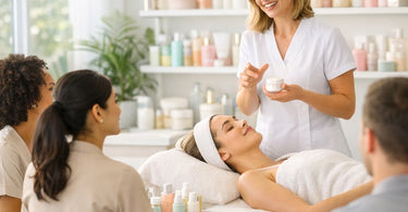 A diverse group of spa and salon professionals smiling and engaging in a hands-on training workshop, focusing on skill development and continuing education.