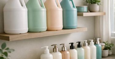 A stylized split image showing a large 5-gallon container of salon shampoo next to a collection of smaller individual shampoo bottles, symbolizing the bulk vs small batch buying decision.