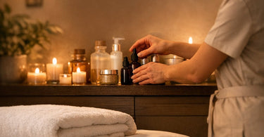 A well-organized massage therapist back bar station with bottles of lotion, oils, and tools neatly arranged on a sleek cart.