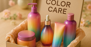 Professional color care kit with shampoo, conditioner, and treatment products arranged beautifully for salon clients